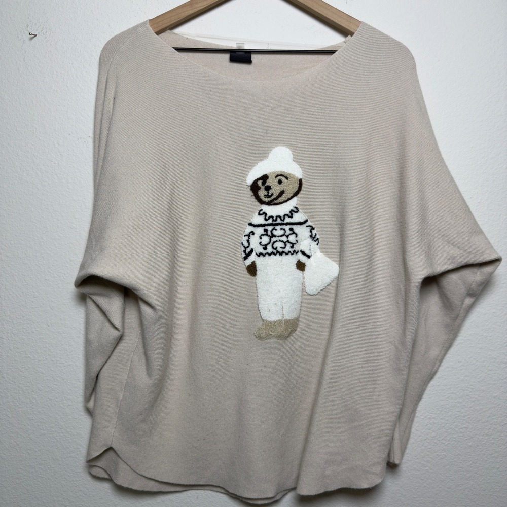 Anthropologie Aaeda‎ Women Sweater L Beige Polar Bear Dolman Sleeve Rib Novelty